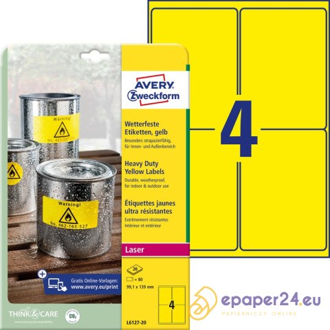 ETYKIETY A4 AVERY HEAVY DUTY 99,1*139mm ŻÓŁTE (20) ETYKIETY A4 AVERY HEAVY DUTY 99,1*139mm ŻÓŁTE (20)