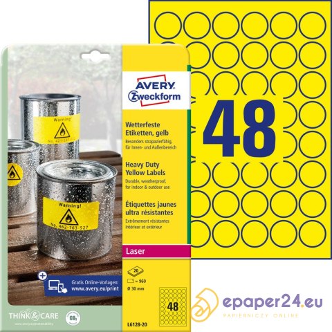 ETYKIETY A4 AVERY HEAVY DUTY śr. 30mm ŻÓŁTE (20) ETYKIETY A4 AVERY HEAVY DUTY śr. 30mm ŻÓŁTE (20)
