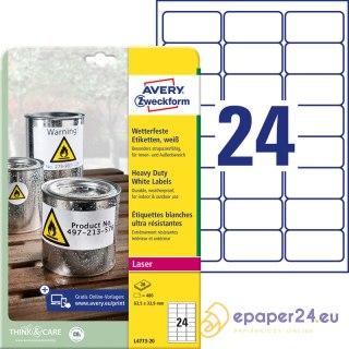 ETYKIETY A4 AVERY HEAVY DUTY 63,5*33,9mm BIAŁE (20)