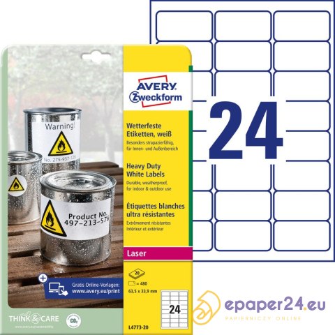 ETYKIETY A4 AVERY HEAVY DUTY 63,5*33,9mm BIAŁE (20) ETYKIETY A4 AVERY HEAVY DUTY 63,5*33,9mm BIAŁE (20)