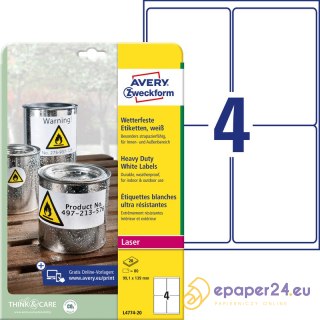 ETYKIETY A4 AVERY HEAVY DUTY 99,1*139mm BIAŁE (20)