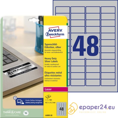 ETYKIETY A4 AVERY HEAVY DUTY 45,7*21,2mm SREBRNE (20) ETYKIETY A4 AVERY HEAVY DUTY 45,7*21,2mm SREBRNE (20)