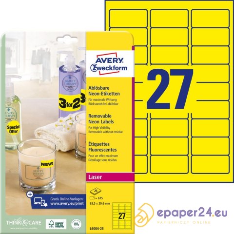 ETYKIETY A4 AVERY 63,5*29,6mm ŻÓŁTE (25) ETYKIETY A4 AVERY 63,5*29,6mm ŻÓŁTE (25)