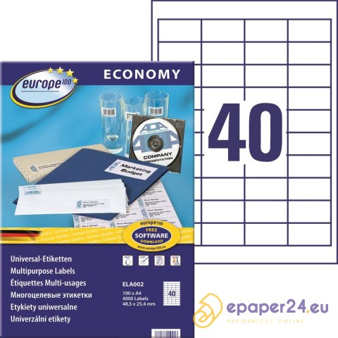 Etykiety Europe100 A4 48.5x25.4mm białe (100) Etykiety Europe100 A4 48.5x25.4mm białe (100)