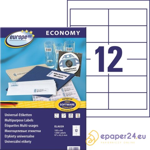 Etykiety Europe100 A4 97x42.3mm białe (100) Etykiety Europe100 A4 97x42.3mm białe (100)