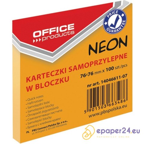 Karteczki Office Products 76x76mm pomarańczowe (100) Karteczki Office Products 76x76mm pomarańczowe (100)