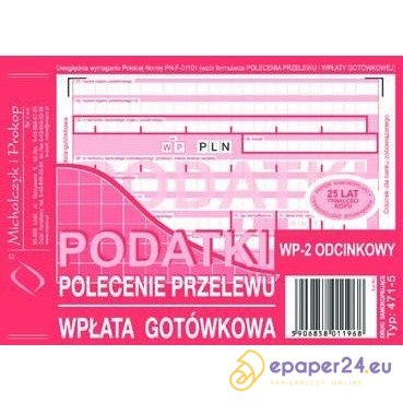 PODATKI - POLECENIE PRZELEWU/WPŁATA GOTÓWKOWA A6 (O+1K) PODATKI - POLECENIE PRZELEWU/WPŁATA GOTÓWKOWA A6 (O+1K)