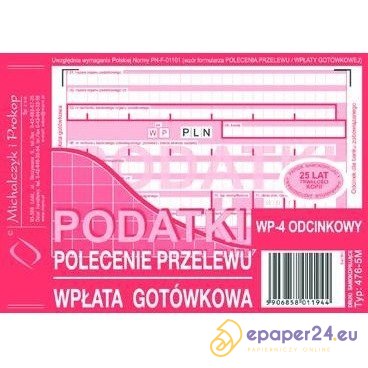 PODATKI - POLECENIE PRZELEWU/WPŁATA GOTÓWKOWA A6 (O+3K) PODATKI - POLECENIE PRZELEWU/WPŁATA GOTÓWKOWA A6 (O+3K)