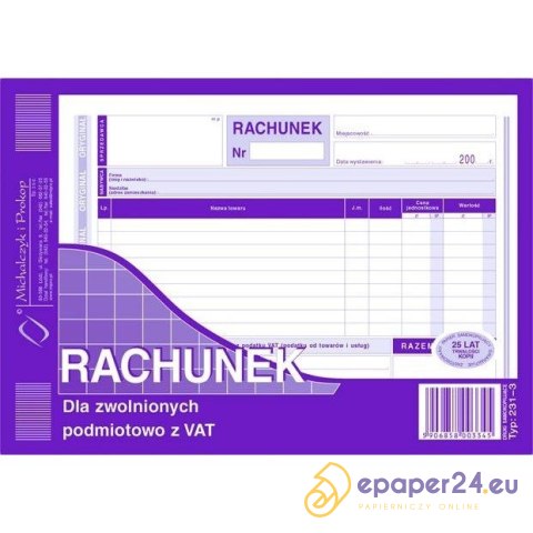 RACHUNEK DLA ZWOLNIONYCH Z VAT A5 (O+1K) RACHUNEK DLA ZWOLNIONYCH Z VAT A5 (O+1K)