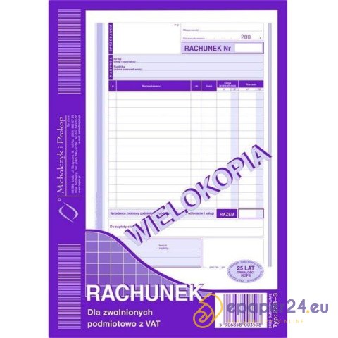 RACHUNEK DLA ZWOLNIONYCH Z VAT A5 (WIELOKOPIA) RACHUNEK DLA ZWOLNIONYCH Z VAT A5 (WIELOKOPIA)