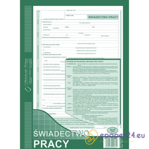ŚWIADECTWO PRACY A4 (O+1K) ŚWIADECTWO PRACY A4 (O+1K)