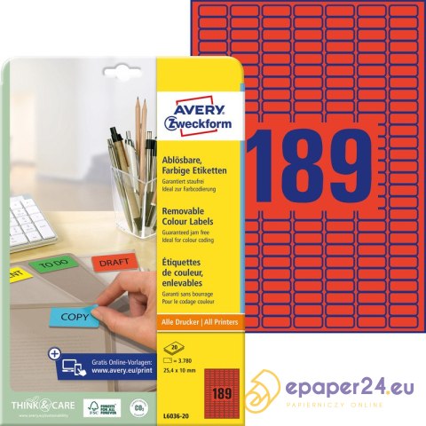 ETYKIETY A4 AVERY 25,4*10mm USUWALNE CZERWONE (20) ETYKIETY A4 AVERY 25,4*10mm USUWALNE CZERWONE (20)