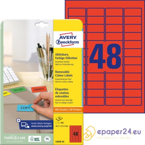ETYKIETY A4 AVERY 45,7*21,2mm USUWALNE CZERWONE (20) ETYKIETY A4 AVERY 45,7*21,2mm USUWALNE CZERWONE (20)