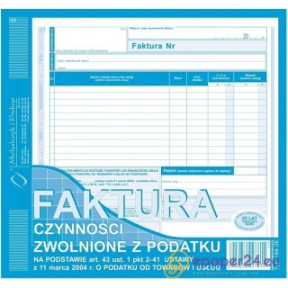FAKTURA CZYNNOŚCI ZWOLNIONE Z PODATKU 2/3 A4