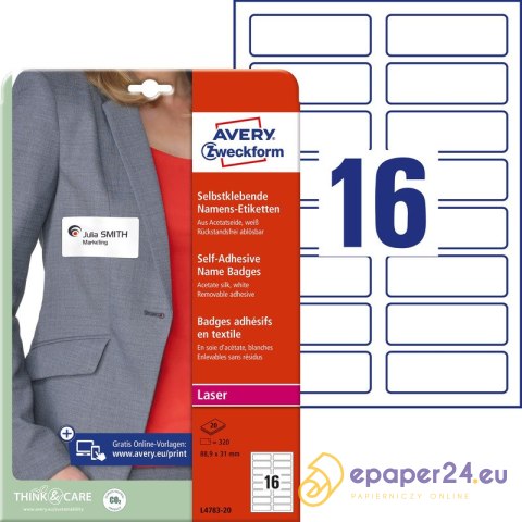 IDENTYFIKATORY SAMOPRZYLEPNE AVERY A4 88.9x31mm BIAŁE (16x20) IDENTYFIKATORY SAMOPRZYLEPNE AVERY A4 88.9x31mm BIAŁE (16x20)