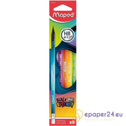 Ołówki Maped Black'Peps Energy HB z gumką (6) Ołówki Maped Black'Peps Energy HB z gumką (6)