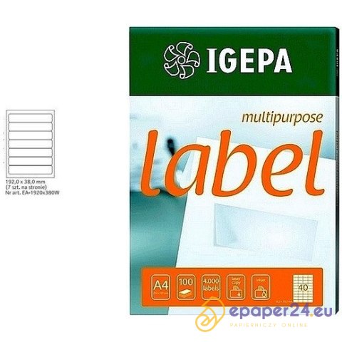 ETYKIETY A4 IGEPA 192*38,0mm BIAŁE (100) ETYKIETY A4 IGEPA 192*38,0mm BIAŁE (100)