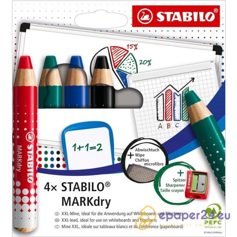 Kredki do tablic Stabilo MARKdry (+ temperówka i ściereczka) 4 kolory Kredki do tablic Stabilo MARKdry (+ temperówka i ściereczka) 4 kolory