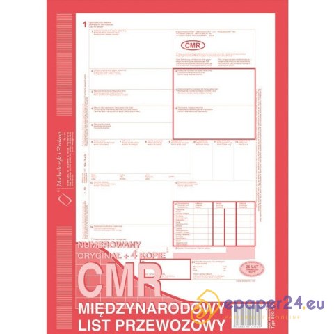 CMR MIĘDZYNARODOWY LIST PRZEWOZOWY A4 (O+4K) NUMEROWANY CMR MIĘDZYNARODOWY LIST PRZEWOZOWY A4 (O+4K) NUMEROWANY