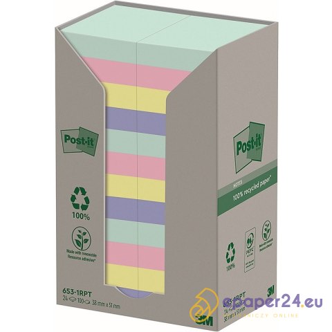 Karteczki Post-it 38x51mm (653-1RPT) 4 kolory (24x100) Karteczki Post-it 38x51mm (653-1RPT) 4 kolory (24x100)