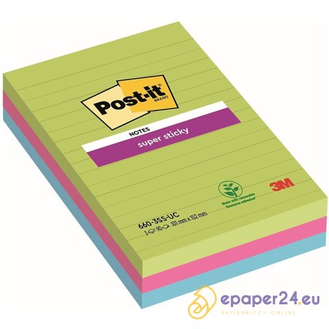 Karteczki Post-it Super Sticky 102x152mm (660-3SS-UC) w linie 3 kolory (3x90) Karteczki Post-it Super Sticky 102x152mm (660-3SS-UC) w linie 3 kolory (3x90)