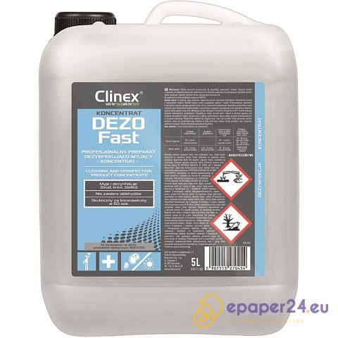 Profesjonalny koncentrat do mycia i dezynfekcji CLINEX Dezofast 5L, bakteriobójczy, wirusobójczy, grzybobójczy, skoncentrowany Profesjonalny koncentrat do mycia i dezynfekcji CLINEX Dezofast 5L, bakteriobójczy, wirusobójczy, grzybobójczy, skoncentrowany